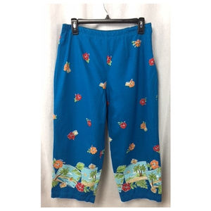Tropical Blue Floral Cotton Beach Capri Pants 10